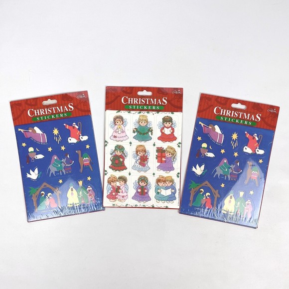 VTG 90s Gibson Christmas Sticker Packs Set of 3 NEW SEALED - Nativity & Angels - Picture 1 of 14